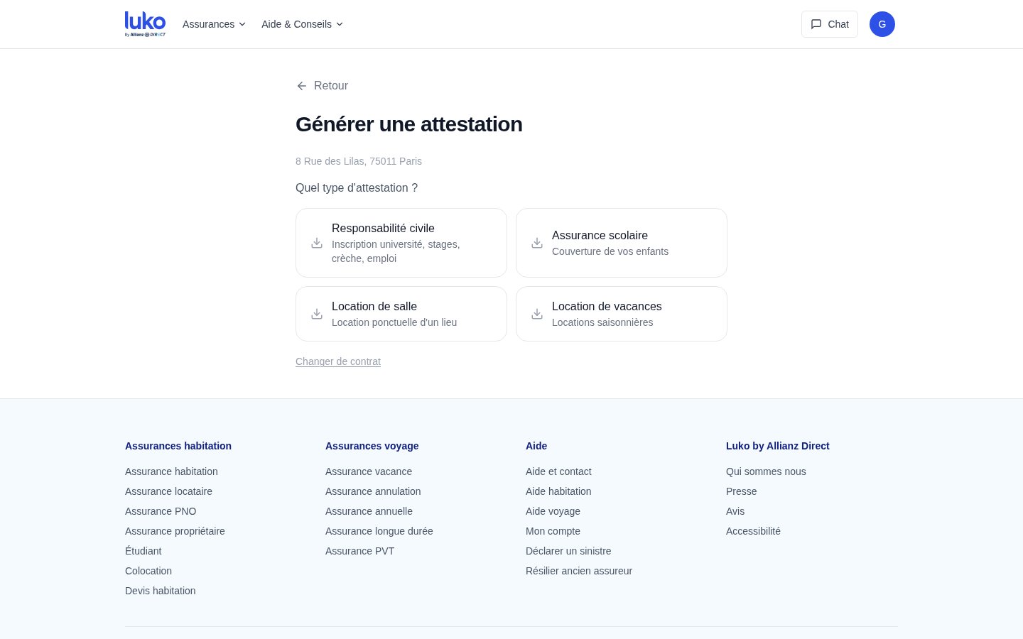Génération d'attestation : quatre types affichés en cartes avec icône de téléchargement et description d'usage