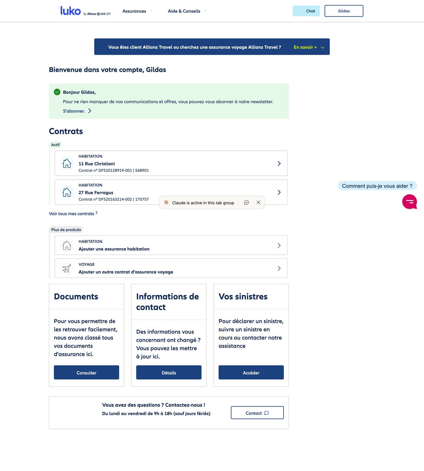 Page d'accueil de l'espace Mon Compte Luko by Allianz Direct